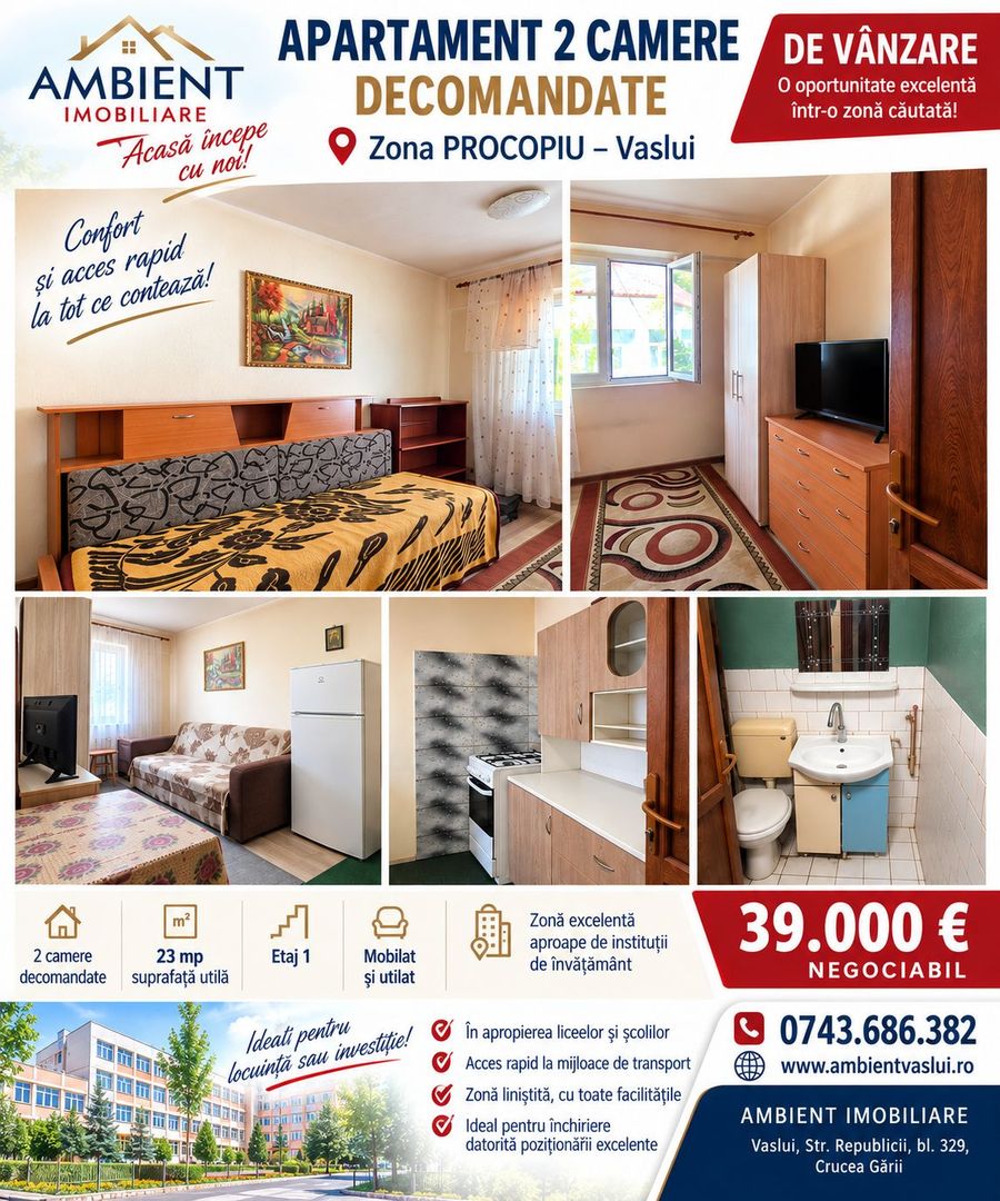 Apartament cu 2 camere, ETAJ 1, mobilat și utilat, VASLUI - zona PROCOPIU; - Poză 1