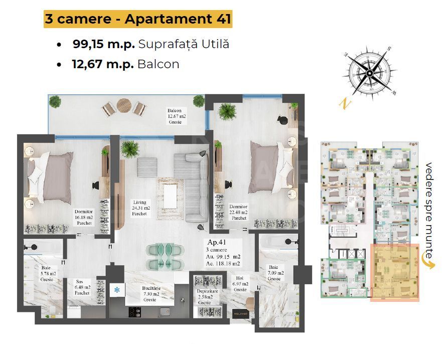 Vânzare, apartament, 3 camere, Carpathia, Brașov - Poză 9