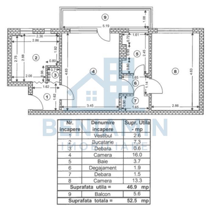 Apartament 2 camere etaj 3 Bulevardul-Saturn-Astra-52mp -centrala - Schiță 8