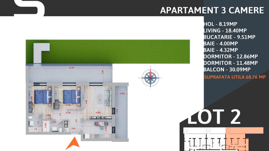 3 camere cu gradina -Parcare Bonus -Finalizat- TVA inclus - Poză 5