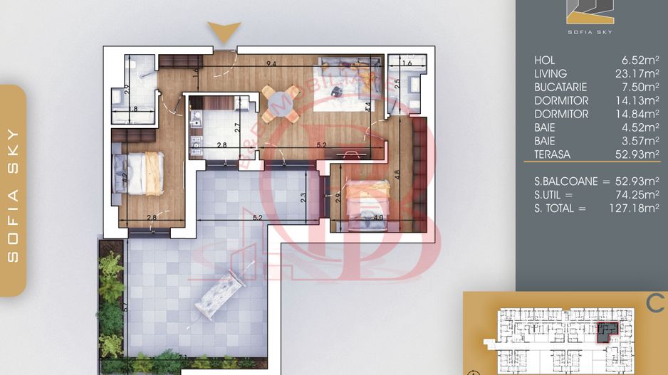 3 camere cu terasa 53mp Parcare Gratis 7min Metrou N. Teclu - Schiță 2