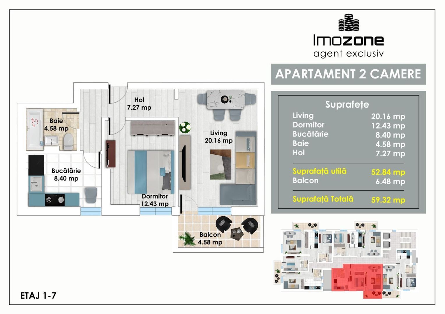 Apartament Spatios cu 2 Camere, 59 mp, Balcon, Bucatarie Inchisa, langa Metrou - Poză 1