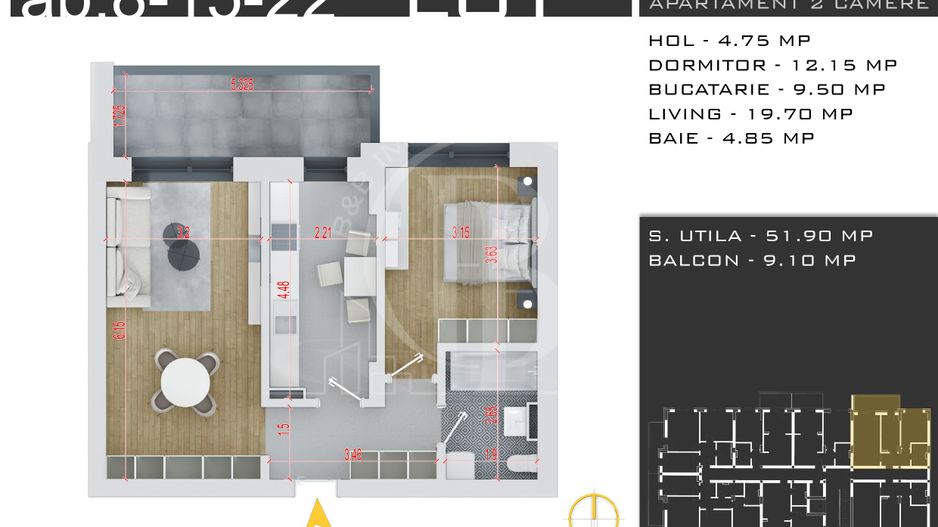 2 camere decomandat -Loc Parcare Gratuit -Th. Pallady - Schiță 2