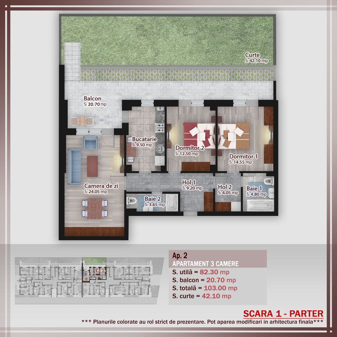 3 camere cu gradina -oferta lansare proiect Pallady - Schiță 1