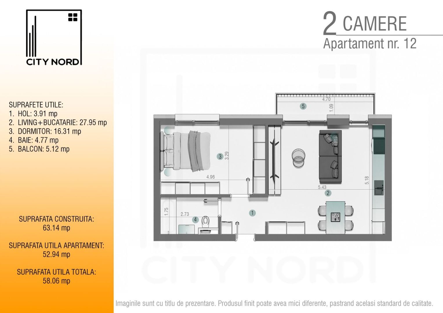 Apartament 12 / 24 – 2 camere – 52.9 mp – Balcon – Etaj 1 / Etaj 2 - Poză 1