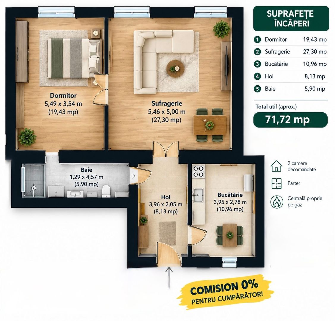 Apartament cu 2 camere la parter in Piata Catedralei Comision 0 - Poză 7