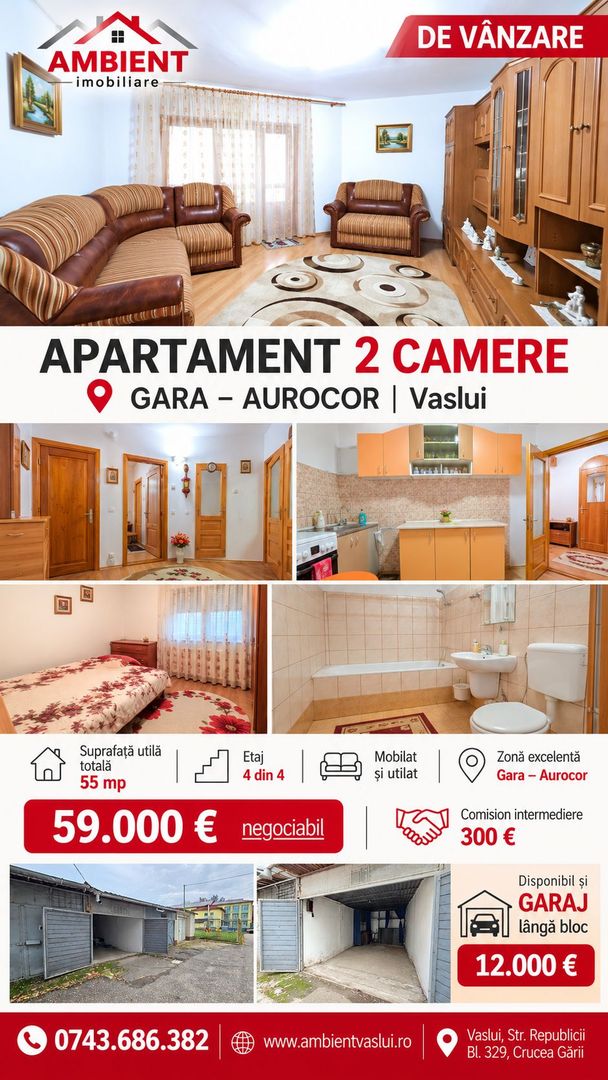 Apartament cu 2 camere, mobilat și utilat, cu GARAJ, VASLUI - zona AUROCOR GARĂ; - Poză 1
