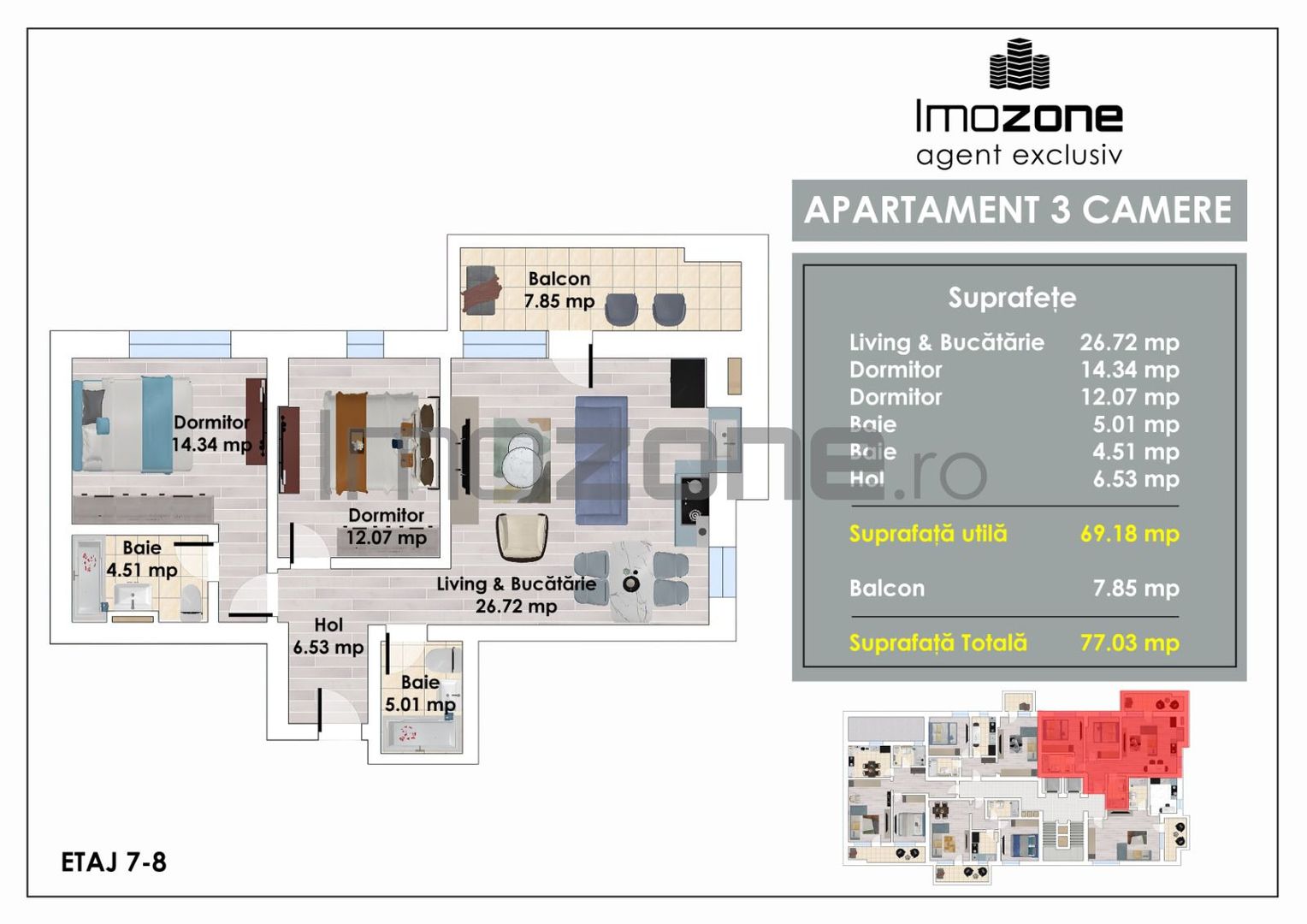 3 Camere | De Vanzare | Bloc Nou | 2 Bai | Living Spatios | 77 mp | Balcon - Poză 1