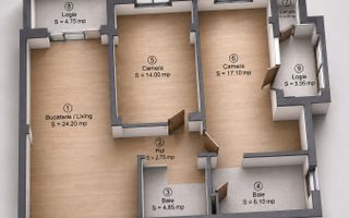 Apartament 3 camere, 2 bai, etaj intermediar, 2 balcoane, Terra - Poză 9