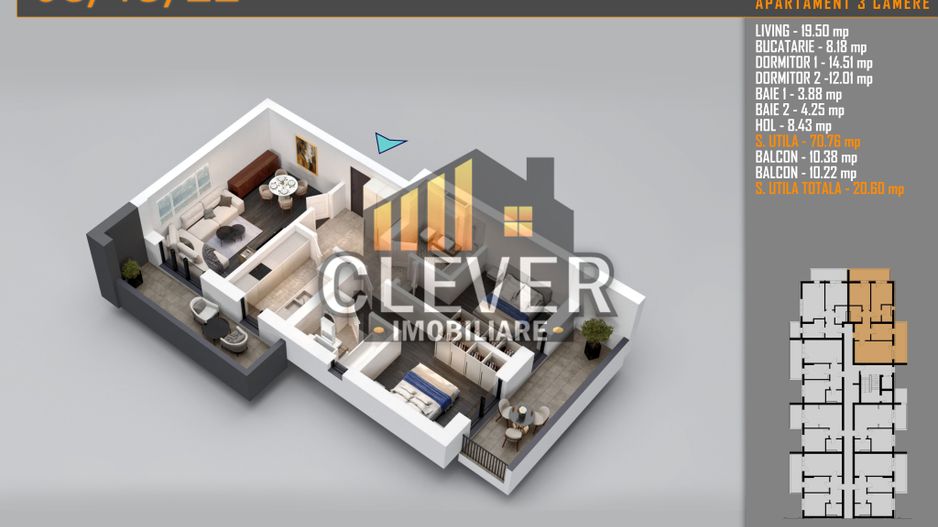 3 Camere, 92 mp, 2 Balcoane 21.78 mp | Pallady | Comision 0% - Poză 3