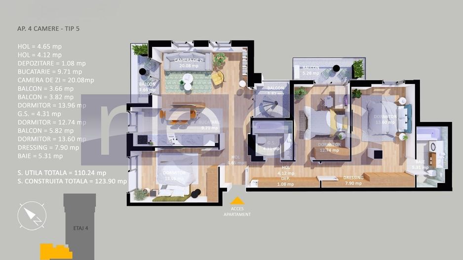 VANZARE APARTAMENT LA CHEIE | 4 CAMERE | 107MP | TERASA 73 MP| PARCARE - Schiță 16