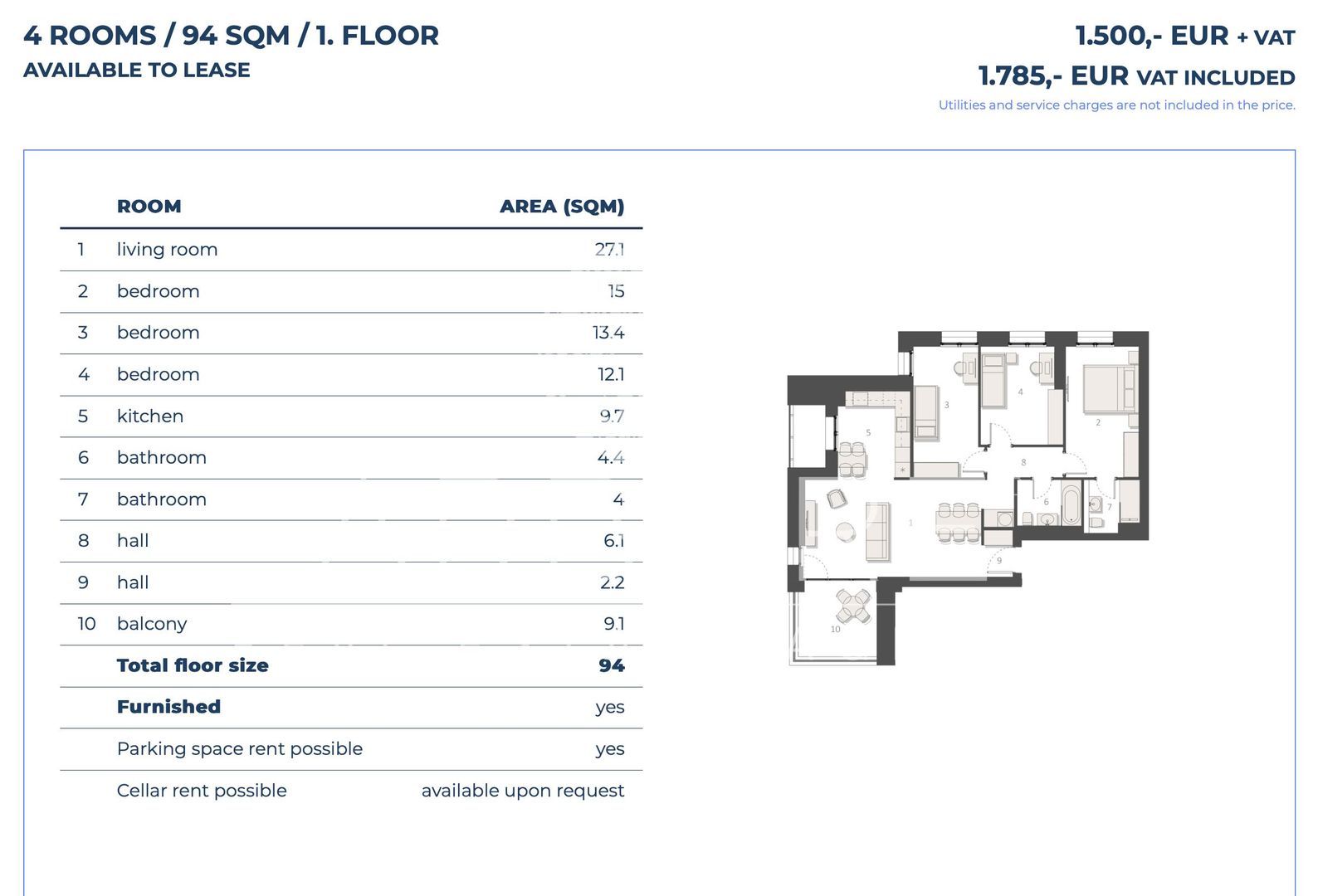 4 spacious rooms | 94 sq m + balcony | Promenada – Floreasca Nord - Poză 10
