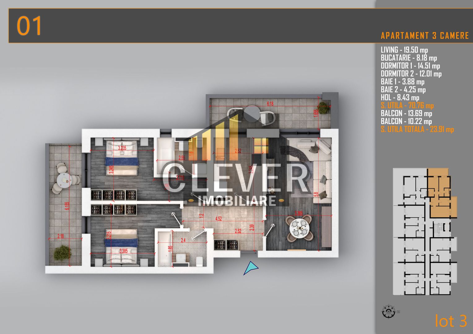 3 Camere | 95.44 mp Total | 2 Balcoane | Metrou Nicolae Teclu - Schiță 9