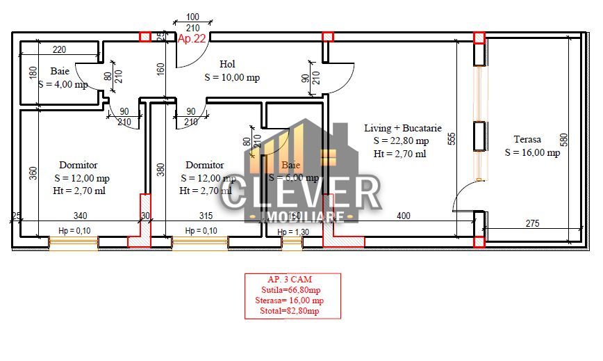 3 Camere | 82.8 mp | Terasa 16 mp  | Comision 0% | Pallady - Schiță 12