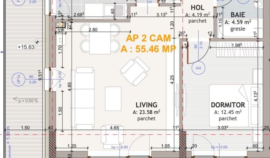 Apartament cu două camere, decomandat, finisat, EROILOR RESIDENCE - Schiță 13