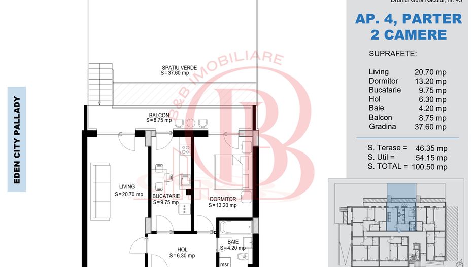 2 Camere cu gradina 37mp-Titan Pallady-Metrou Teclu - Schiță 2