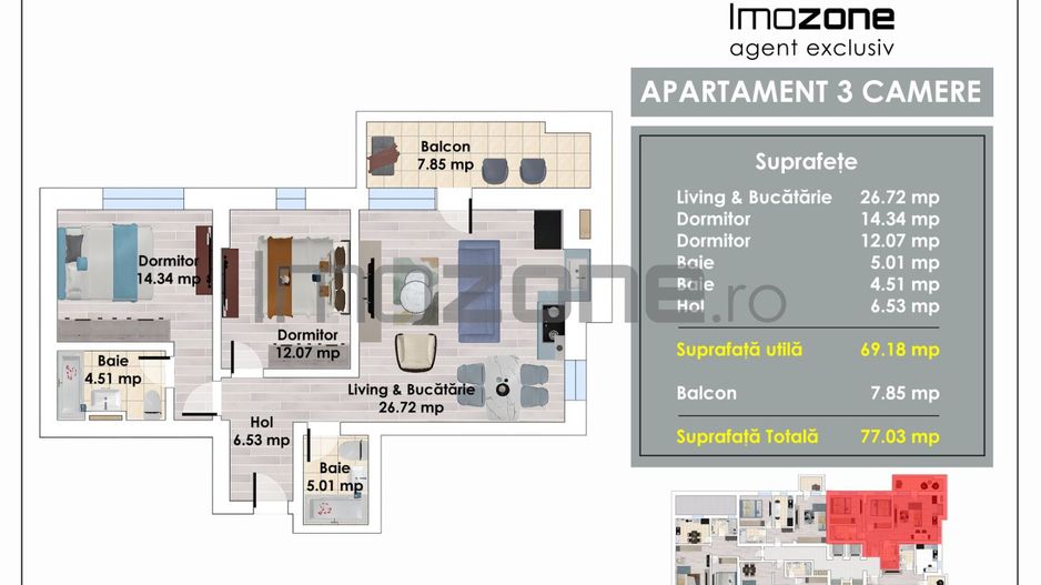 3 Camere | De Vanzare | Bloc Nou | 2 Bai | Living Spatios | 77 mp | Balcon - Poză 1
