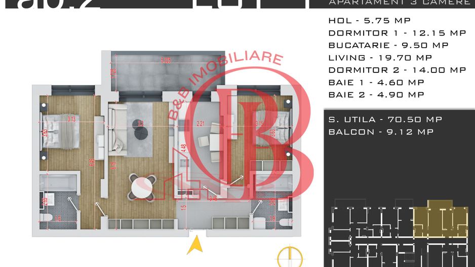 3 camere -parcare inclusa - proiect nou -Pallady - Schiță 13