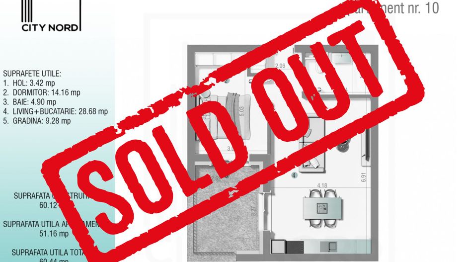 Apartament 10 – 2 camere – 51.2 mp – Grădină – Parter - Poză 1