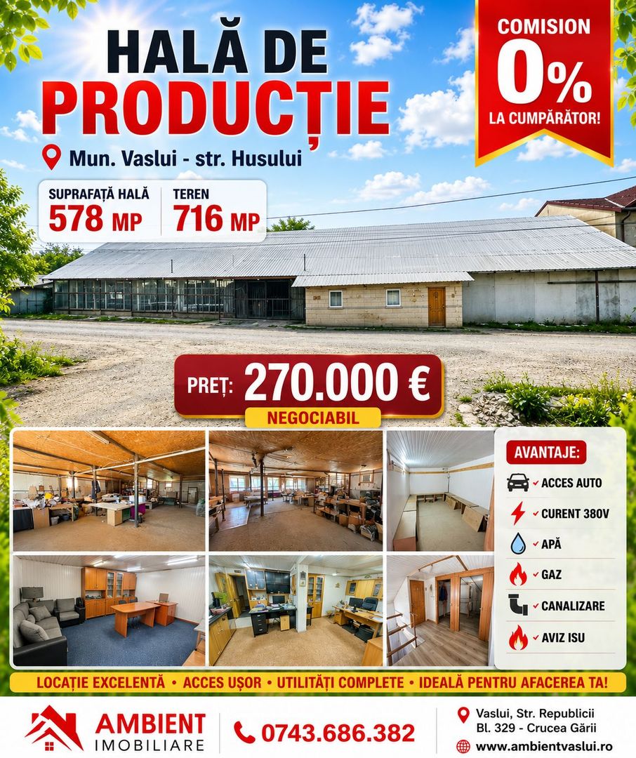 HALĂ PRODUCȚIE - ATELIER cu SC-578 mp, teren 716 mp, VASLUI - Str. Burebista; - Poză 1