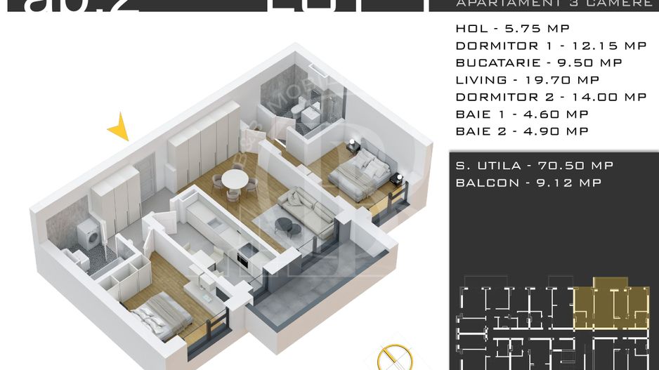 Th Pallady- 3 camere-Decomandat-Metrou Teclu-Parcare Gratis - Schiță 12
