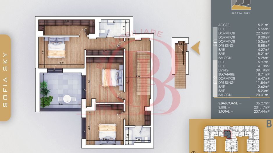 Bloc Finalizat 5 camere cu scara interioara Titan Pallady - Schiță 1