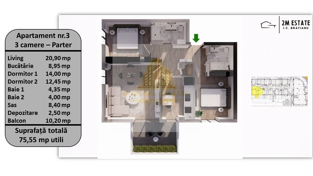 Apartament 3 camere, 74 mp utili + balcon, orientare Sud-Vest - Poză 2