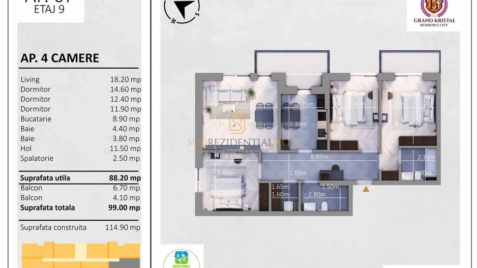 Apartament Premium cu 4 camere și 2 locuri de parcare incluse - Schiță 7