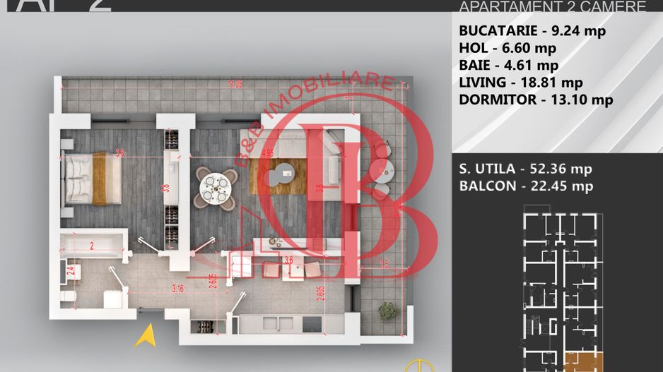 Apartament 2 camere bloc boutique Theodor Pallady - Schiță 2