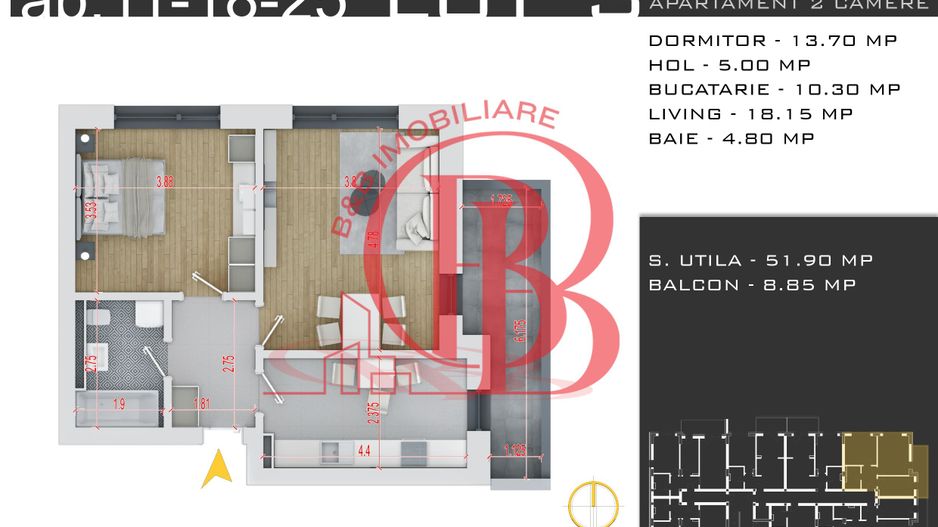 2 camere decomandat -parcare inclusa -Pallady - Schiță 2