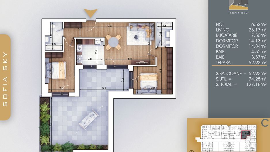 3 camere cu terasa  Titan Pallady  7 min Metrou Nicolae Teclu - Schiță 5