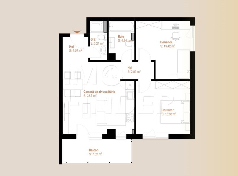 COMISION ZERO- Apartament 3 camere 65 mp plus balcon,  zona VIVO - Poză 2