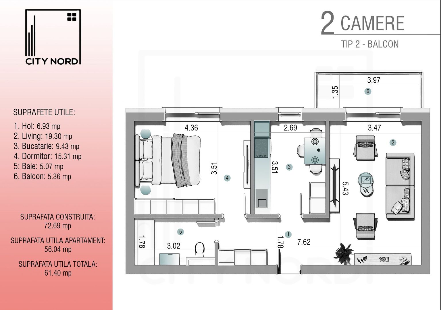 2 camere, 56 mp + balcon (Etaj 1 sau 2/3) - Poză 1
