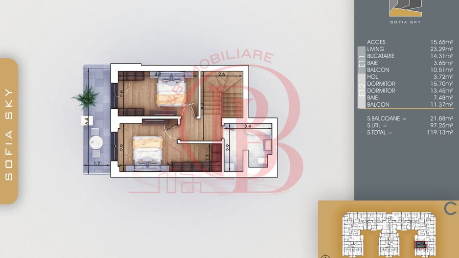 Duplex 3 camere cu Parcare Gratis | Bucatarie Inchisa 14mp - Schiță 5