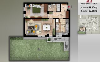 Ap 2 Camere Decomandata,Curte 62 mp,Nicolae Grigorescu-Metrou - Schiță 1
