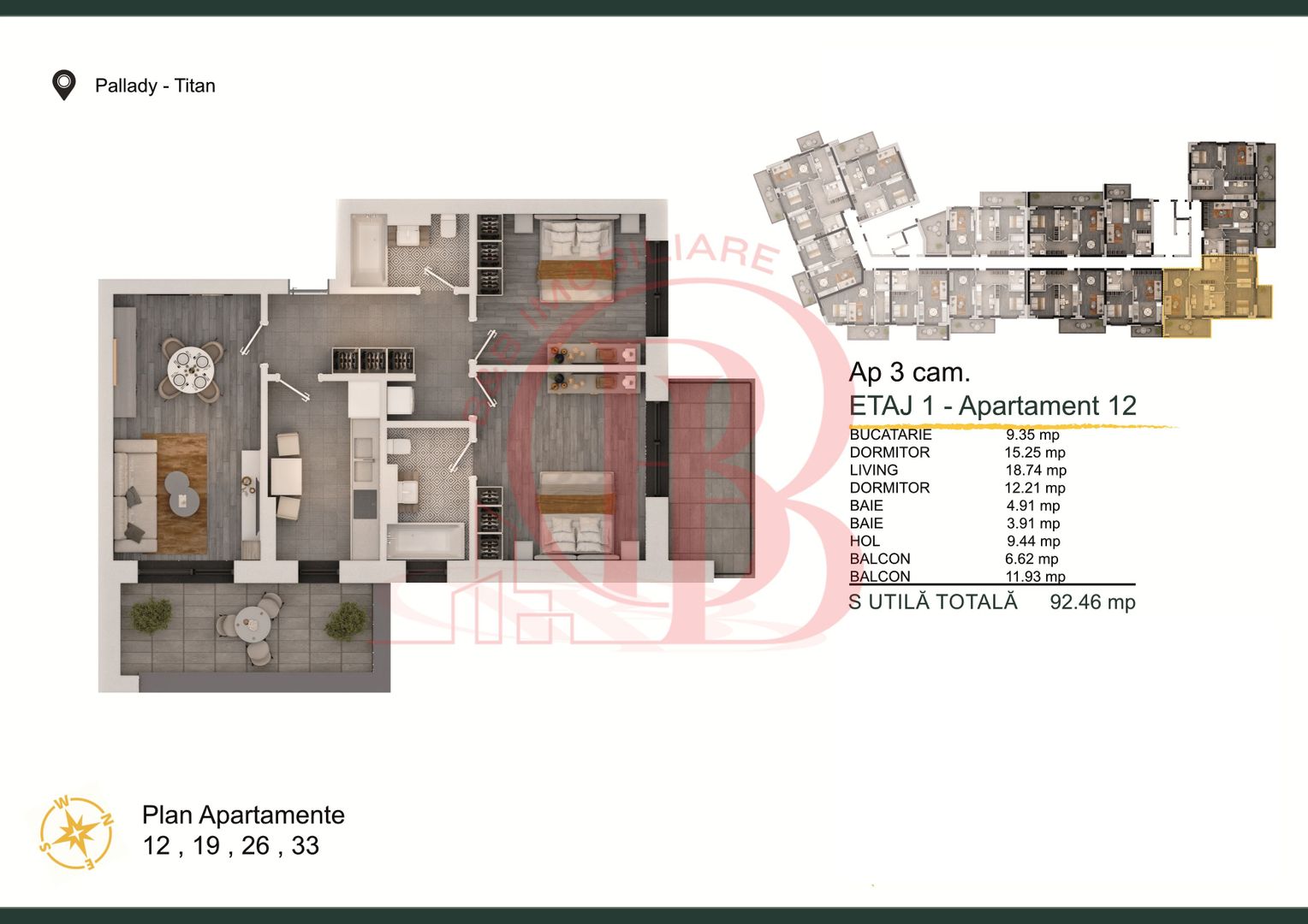 Apartament 3 camere Titan-Pallady cu Loc de Parcare Gratuit - Schiță 2
