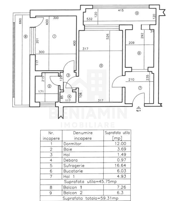 Apartament-2 Camere-Parter Inalt-60mp-2 Balcoane-Piata Valea Rosie - Schiță 9