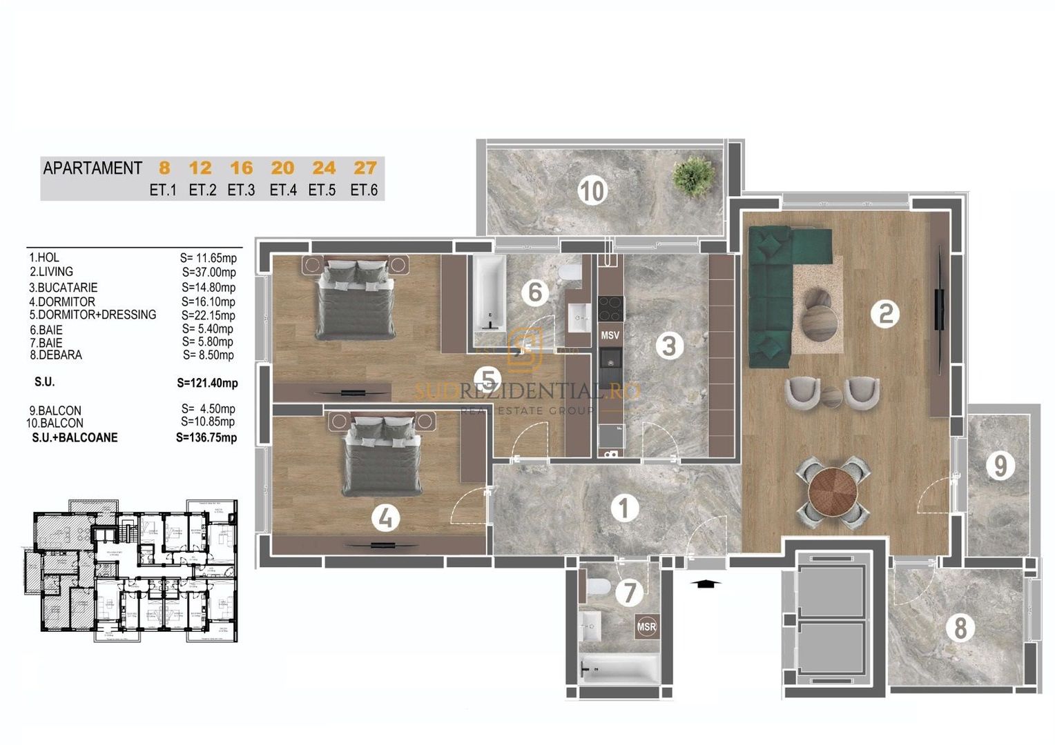 Apartament in bloc nou si modern, 3 camere, Piata Sudului, Sector 4 - Schiță 6