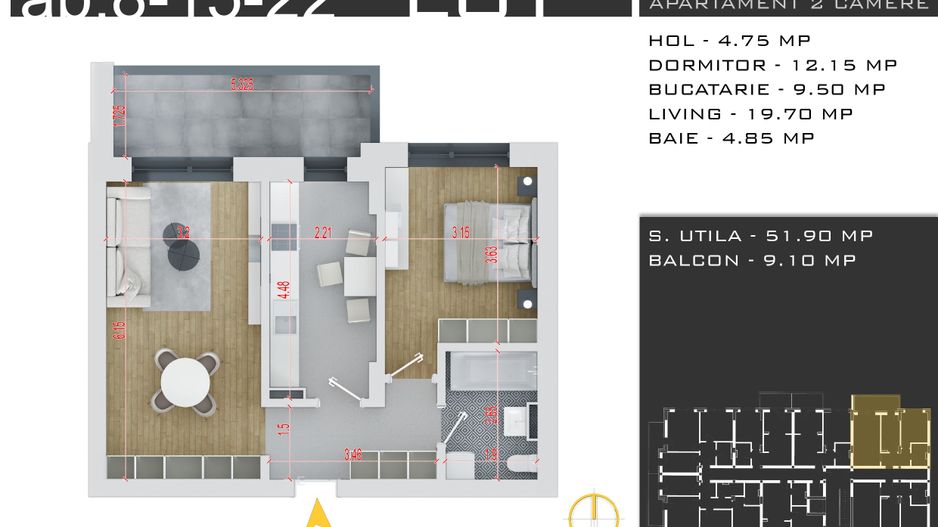 2 camere decomandat -parcare inclusa -Pallady - Schiță 2