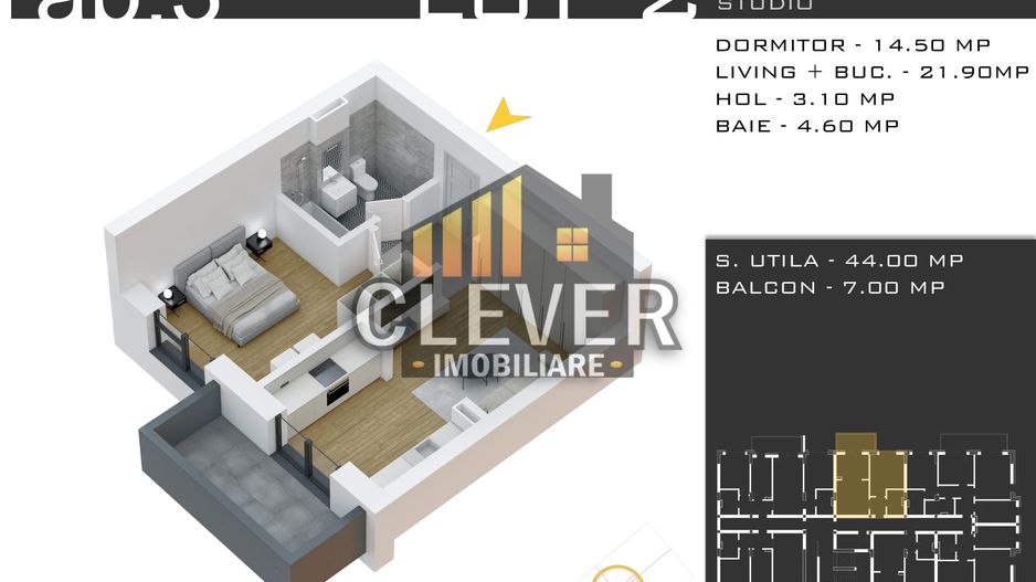 2 camere tip studio 51mp - Zona Pallady - Comision 0% - Schiță 11