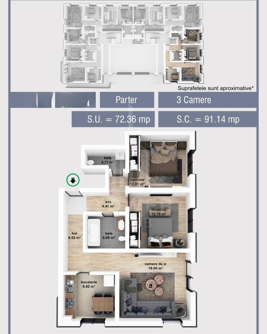 Apartament 3 camere |2 băi | Încălzire în pardoseală | Parcare |Calea Șurii Mici - Poză 12