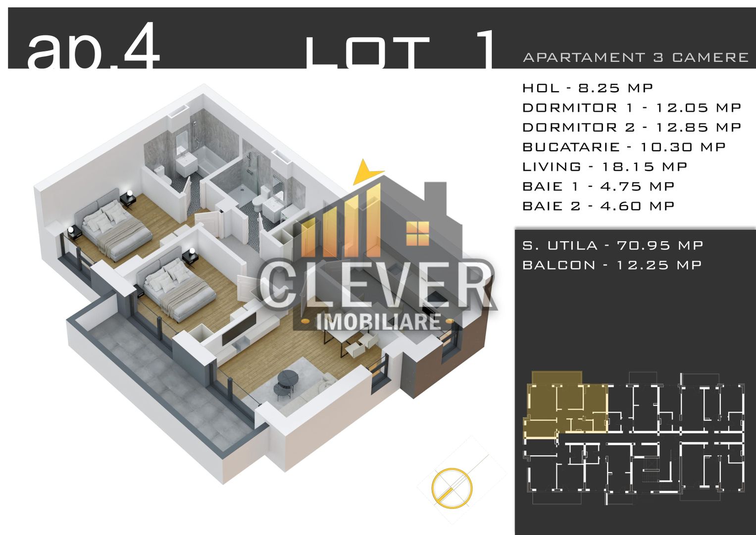 Apartament 3 Camere Spațios - 83mp Totali - Zona Pallady - Comision 0% - Schiță 9