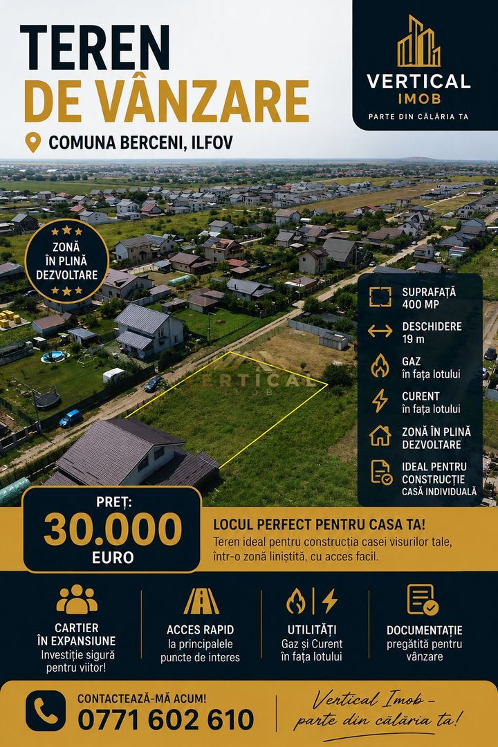 Teren 400 mp, 19 m deschidere,  Berceni - Poză 1