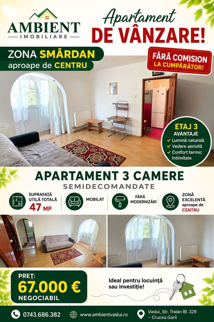 Apartament cu 3 camere, etaj 3, mobilat și utilat, VASLUI - zona SMÂRDAN; - Poză 1