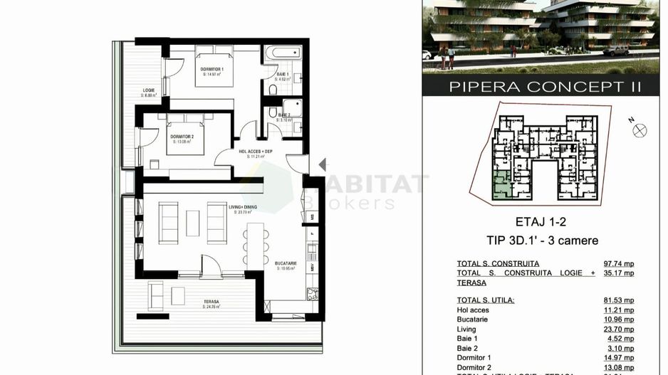 Apartament 3 camere | 81.53 mp utili + terasă 35 mp  PIPERA CONCEPT II - Poză 2