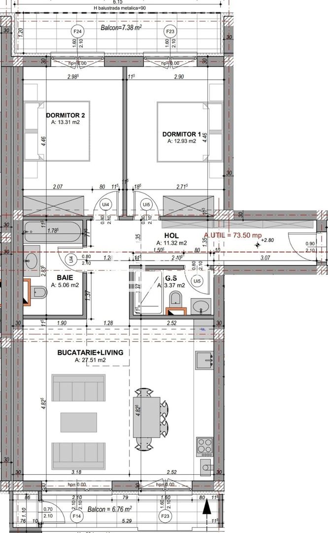 Apartament 3 camere, 73,5 mp utili, 2 băi, 2 balcoane, parcare, Doamna Stanca - Schiță 12