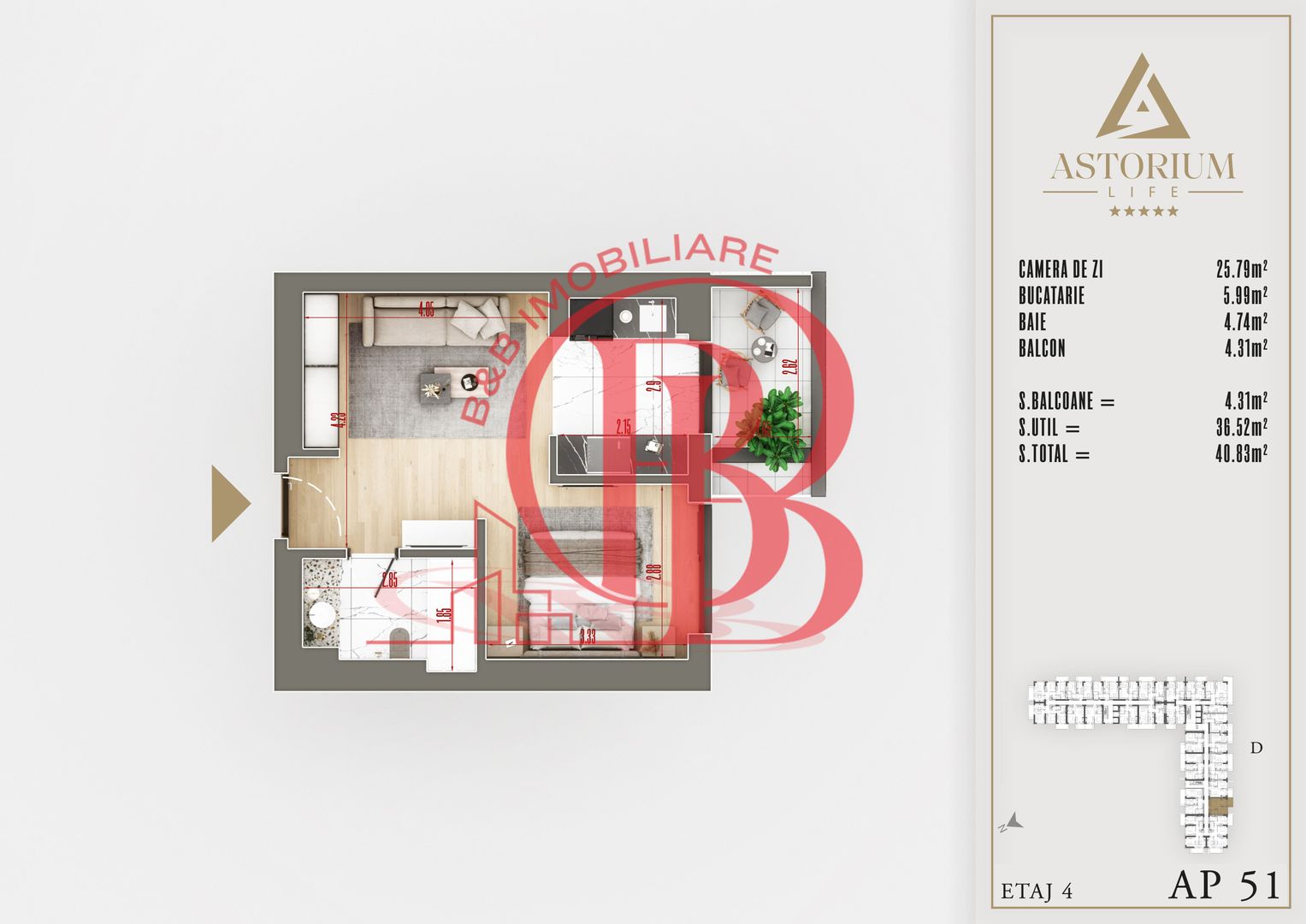 2 camere tip studio proiect premium titan pallady - Schiță 1