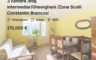 3 camere /etaj intermediar/Gheorgheni /Zona Scolii Constantin Brancusi - Poză 1