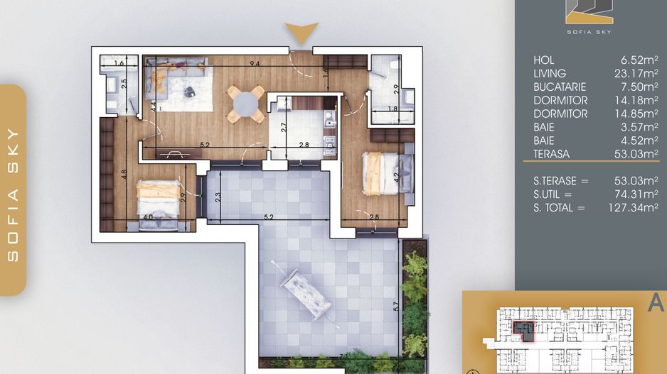 3 camere cu terasa  Titan Pallady  7 min Metrou Nicolae Teclu - Schiță 1