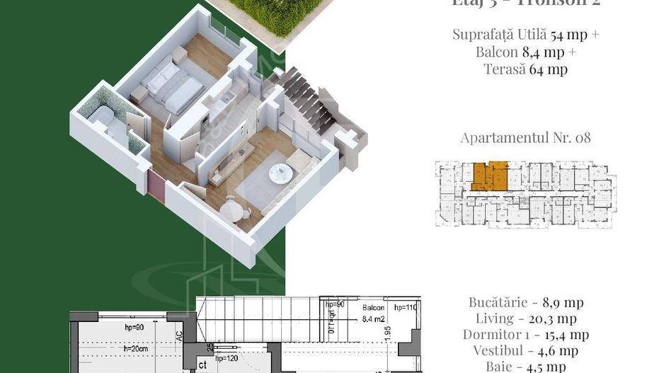 Apartament 2 camere cu Terasa Metrou Nicolae Teclu - Schiță 3